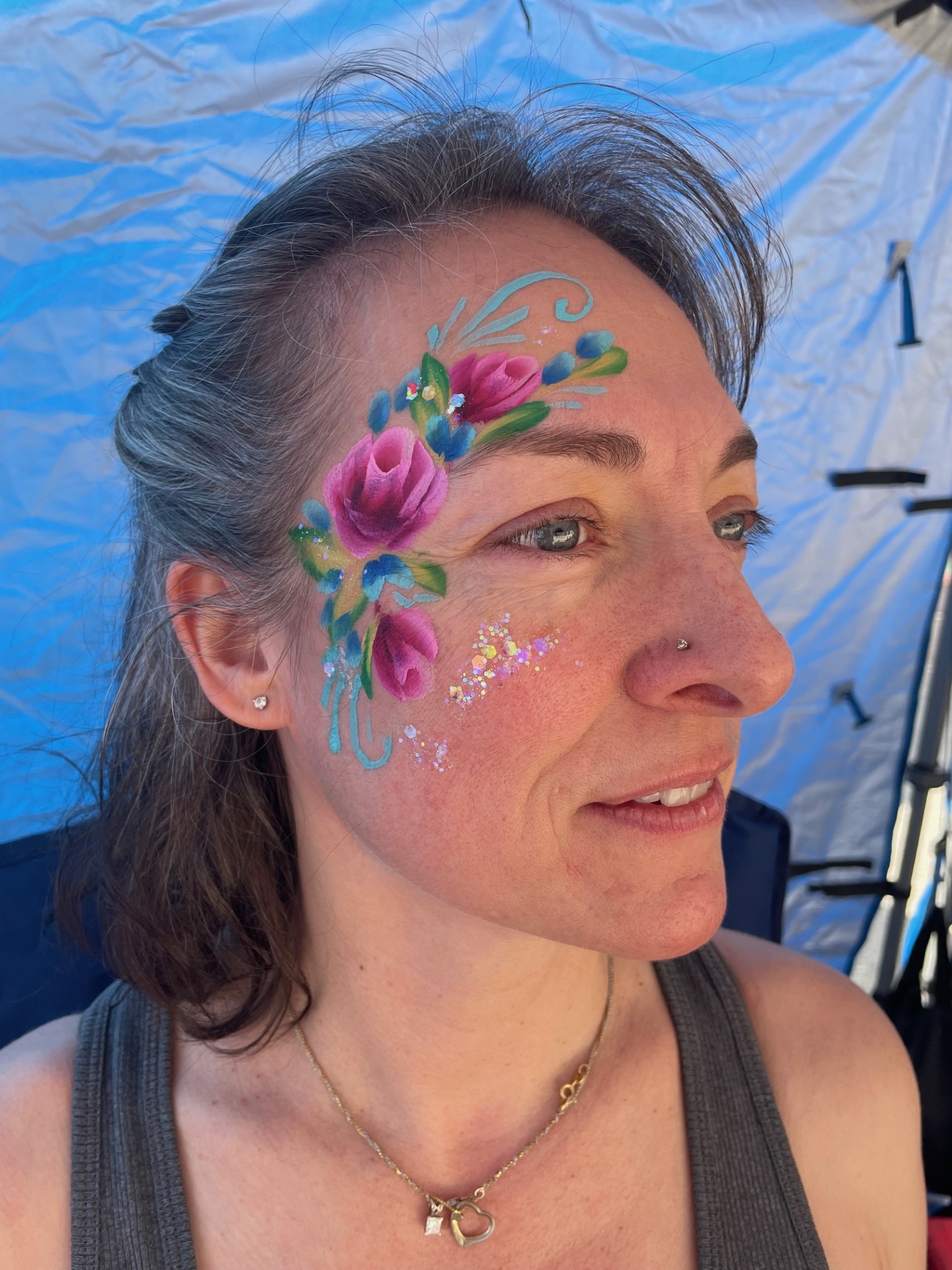 blue flowers face paint
